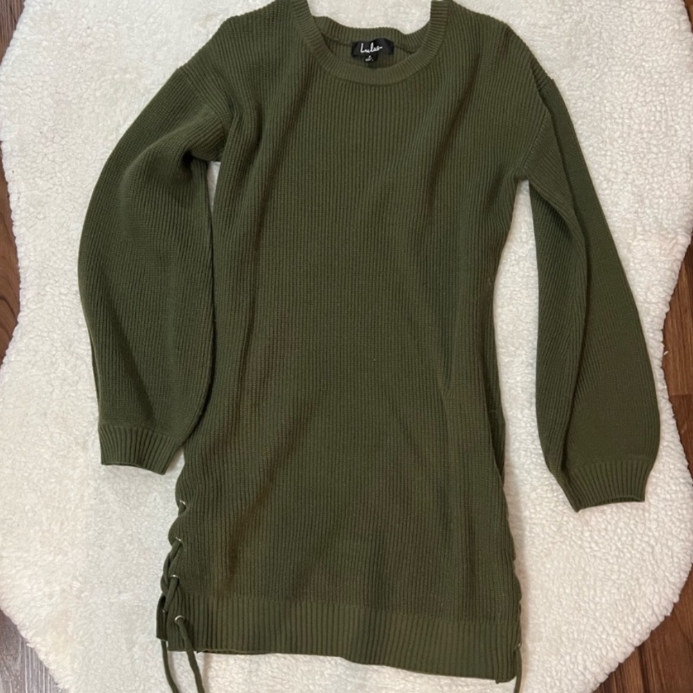 Lulus Lalianna Olive Green Balloon Sleeved Lace-up Sweater dress - Picture 4 of 5
